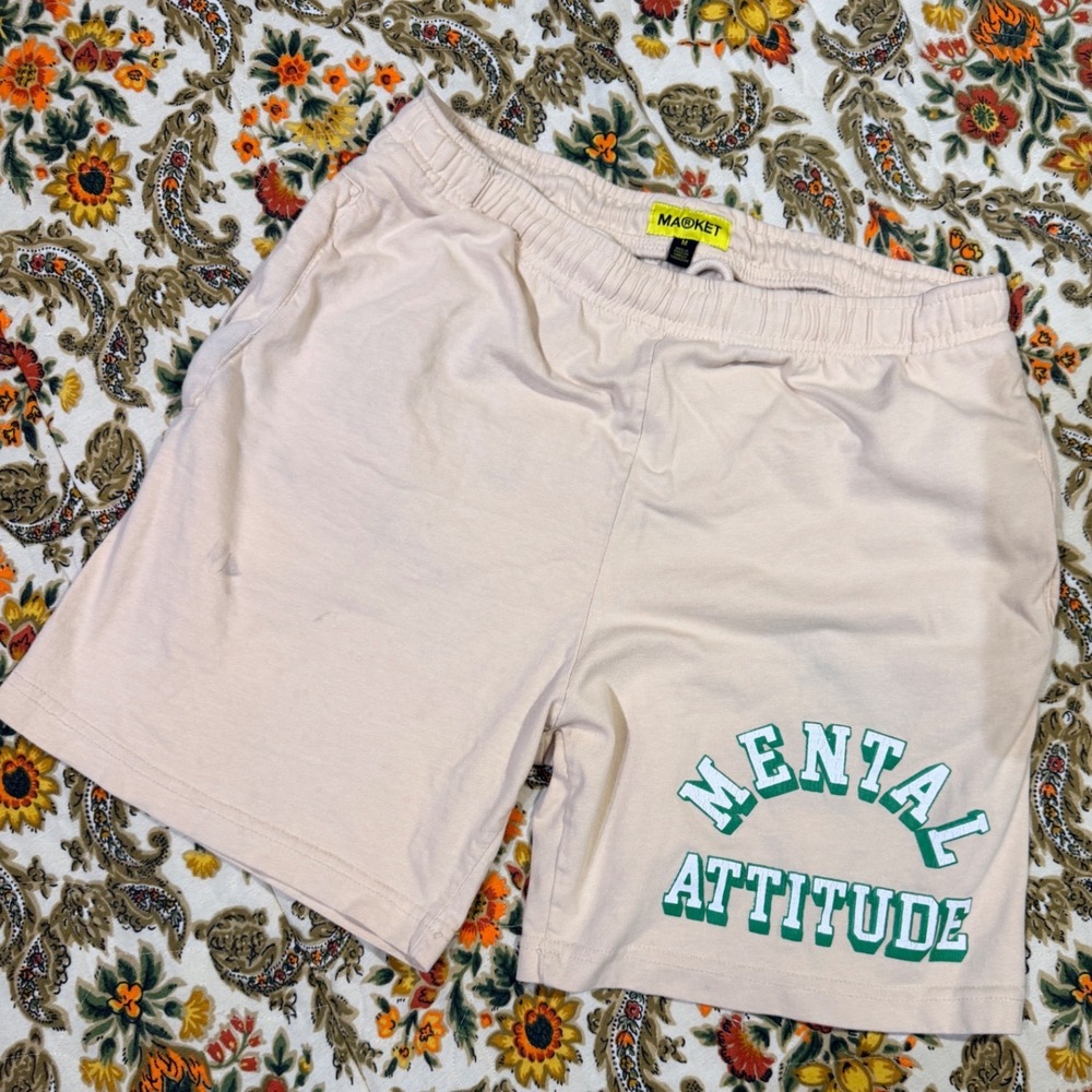 Market Mental Attitude Beige Cotton Sweat Shorts Mens Medium‎ Green Graphic Logo